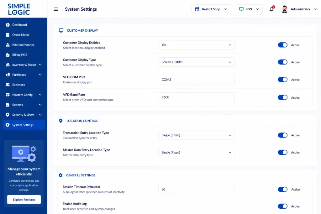Restaurant software- module System config